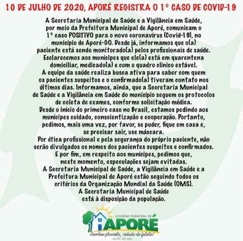 Confira o boletim Covid-19 desta segunda-feira do Município de Aporé, Goiás