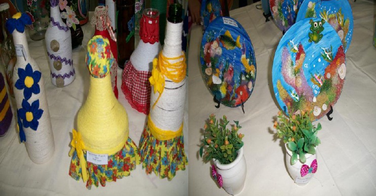 Artesanato feito em garrafas de vidro envolvidas em cordão colorido e decoupage em pratos.Arquivo Pessoal