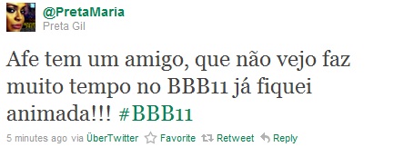 Em seu twitter, cantora diz conhecer um participante do BBB, mas não escreve o nome. Twitter/ @PretaMaria