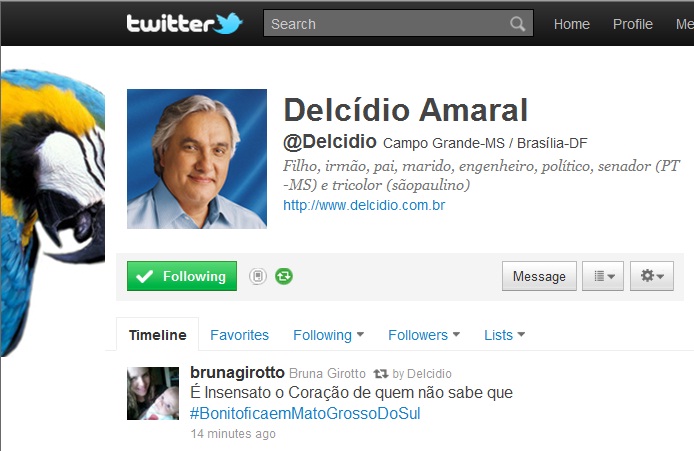 O senador Delcídio  do Amaral já entrou na campanha do twitter por Mato Grosso do Sul