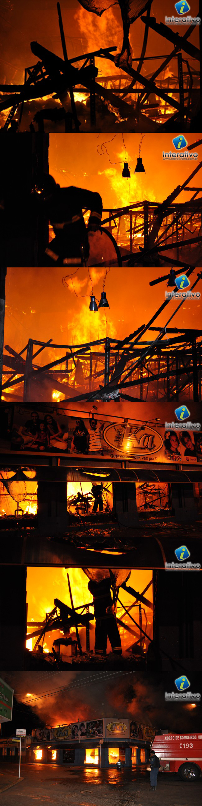Foto do momento em que os bombeiros tentavam debelar o fogo na loja em Paranaibainterativoms