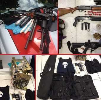 Armas, bananas de dinamite, capuzes e coletes apreendidos com o bando que explodiu os bancos(Foto : Araçatubanews)