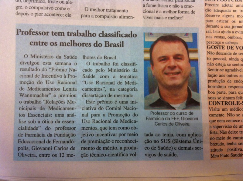 Cópia do jornal em que o cassilandense foi destaque em Fernandópolis (Foto: Arquivo Pessoal)