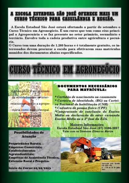 Escola São José está oferecendo, gratuitamente, o Curso Técnico em Agronegócio