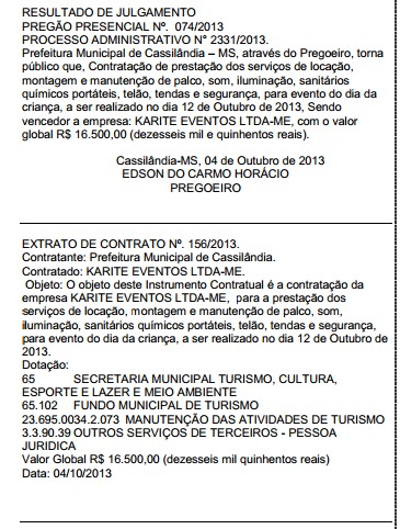 Extratos do contrato e do pregão foram publicados no Diário Oficial do Município nº 84 de 09/10/2013