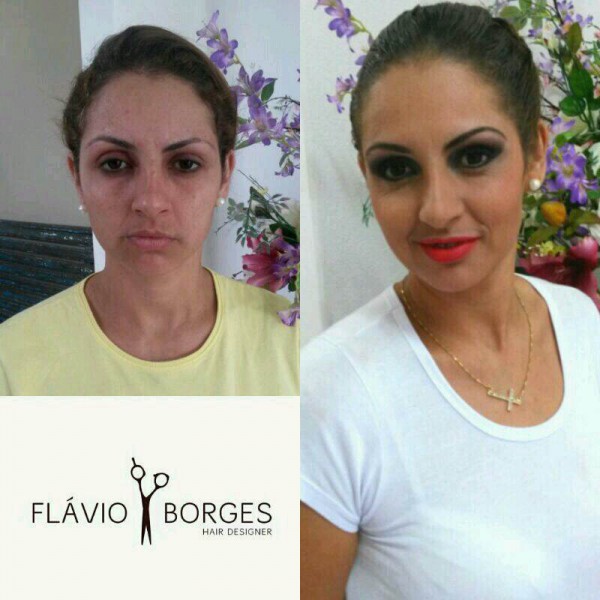 Antes e depois da maquiagem feita por Flávio Borges