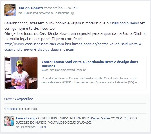 Cantor cita o Cassilândia News em seu Facebook