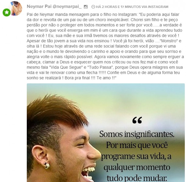 Pai do Neymar manda recado ao filho pelo Instagram