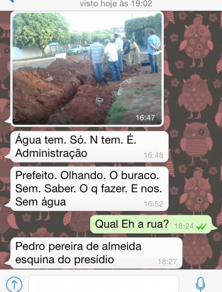 WhatsApp recebido pelo Cassilândia News tem tom de crítica: "Água tem, só não tem é Administração".  