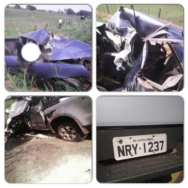 Fotos dos veículos envolvidos no acidente e a placa da camionete de Cassilândia. (Foto: Izabel Nunes)
