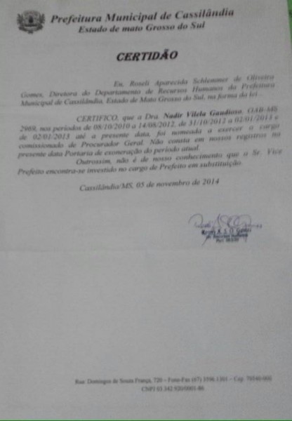 Certidão emitida pelo RH da prefeitura de Cassilândia.