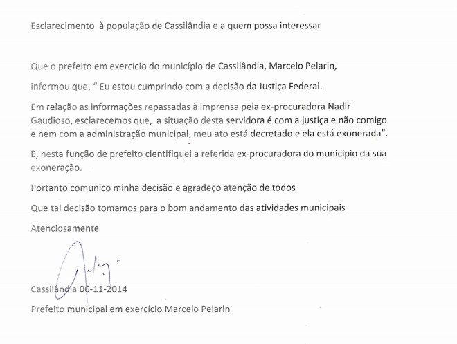 Marcelino Pelarin faz nota de esclarecimento sobre advogada Nadir Gaudioso