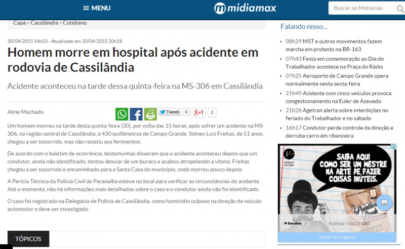Site Midiamax divulgou o falecimento de Foguinho no hospital de Cassilândia