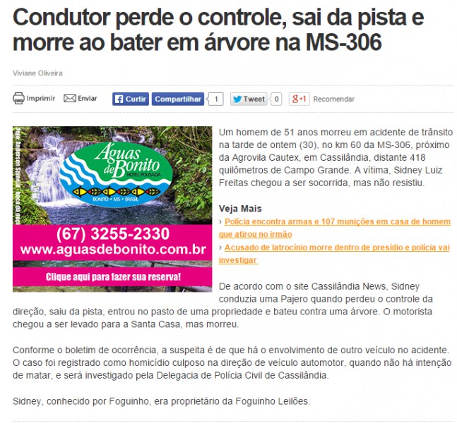 Acidente com Foguinho também foi noticiado pelo site Campo Grande News