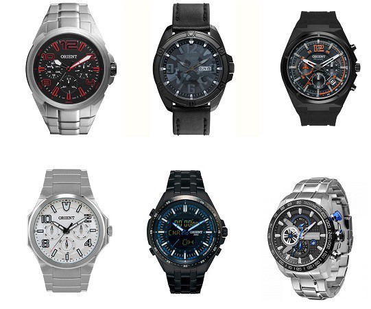 Seis modelos de relógio Orient que, nos próximos dias, estarão disponíveis na Ótica Jóia de Cassilândia. 