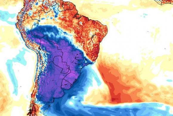 No mapa, a cor roxa mostra área em que a temperatura cai no decorrer da semana - MetSul Meteorologia/Divulgação