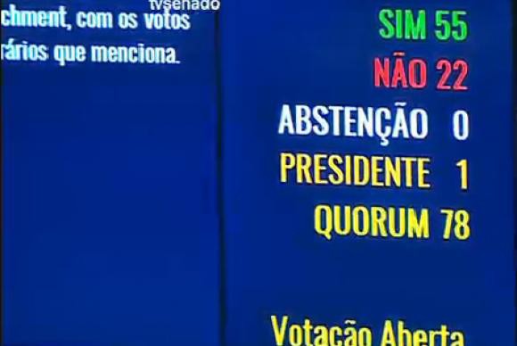 Placar eletrônico do Senado mostra resultado da votação da admissibilidade do processo de impeachment no plenário do Senado