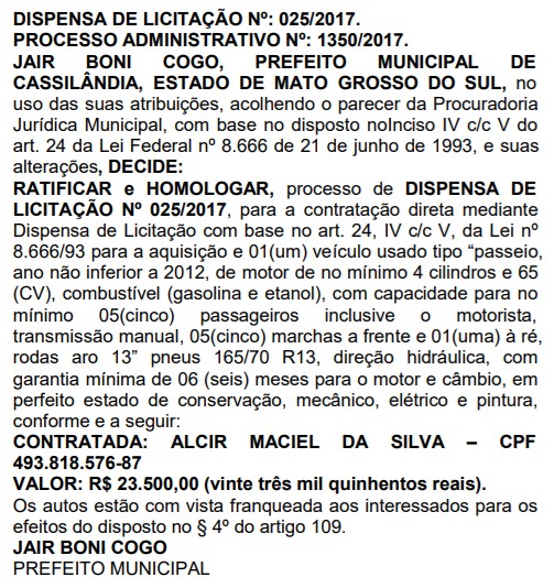 Prefeitura dispensa licitação e compra veículos de passeio por R$ 23,5 mil cada