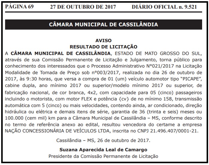 Resultado da licitação da camionete da Câmara Municipal de Cassilândia