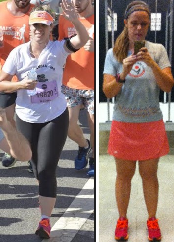 Na foto da esquerda, na Corrida da São Silvestre, Bruna estava com 8kg a mais que hoje.  