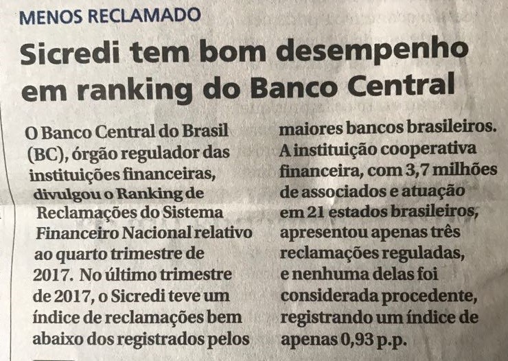 Sicredi tem ótimo desempenho no ranking de reclamações do Banco Central