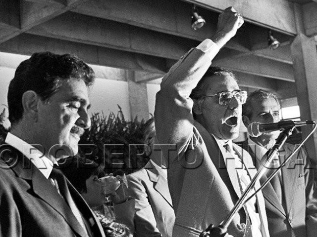 Na foto, o ex-governador Pedro Pedrossian, Wilson Barbosa Martins e o vice Ramez Tebet, em 1983. (Foto: Roberto Higa)