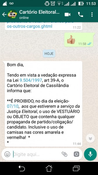 Mensagem de WhatApp enviada no grupo de mesários de Cassilândia.