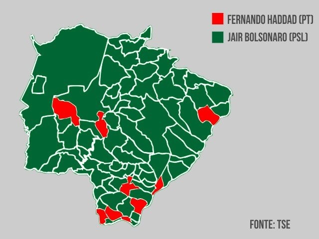 Gráfico aponta onde candidatos a presidente venceram em MS. (Arte: Ricardo Oliveira).