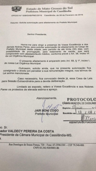 Fotogaleria: ofício solicitando afastamento do Prefeito Jair Boni Cogo