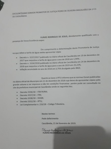 Flávio enviou ao Cassilândia Notícias o encaminhamento ao MP da resposta.