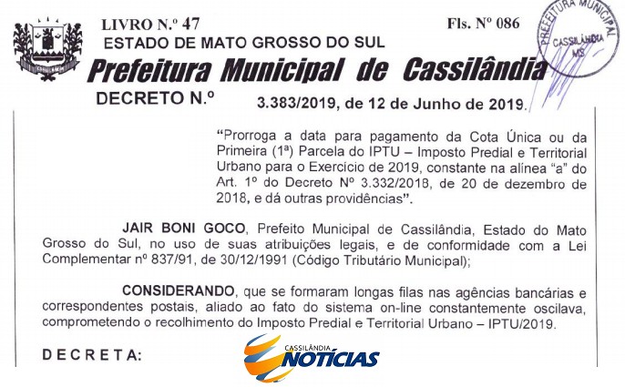 IPTU: Prefeitura de Cassilândia prorroga prazo para pagar à vista ou 1ª parcela