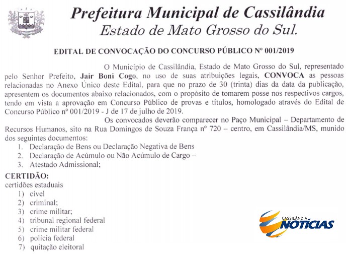 Exclusivo: Prefeitura de Cassilândia faz a primeira convocação do concurso 