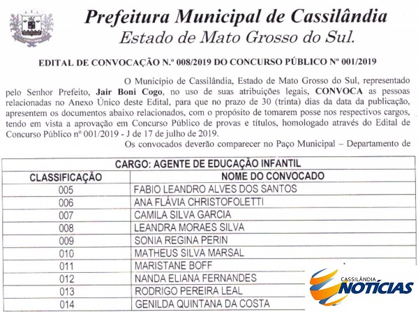 Prefeitura de Cassilândia convoca novos aprovados no concurso público