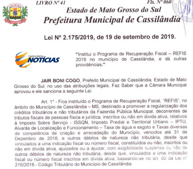 Publicada Lei que autoriza a Renegociação de Dívida no município de Cassilândia