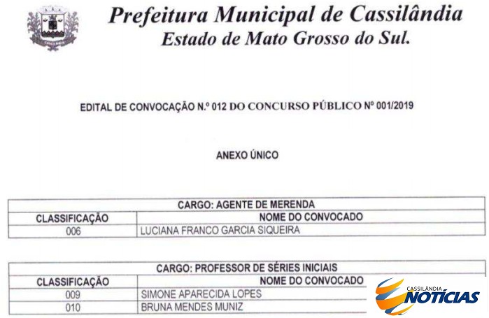 Prefeitura de Cassilândia convoca novos aprovados do Concurso Público para posse