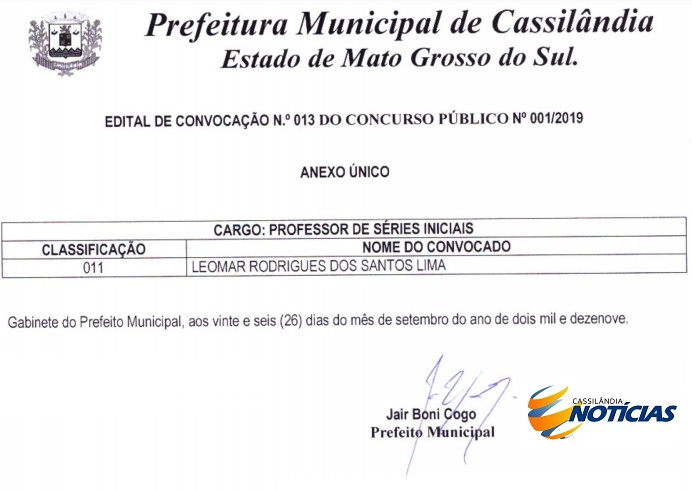 Prefeitura de Cassilândia convoca mais um aprovado no concurso público