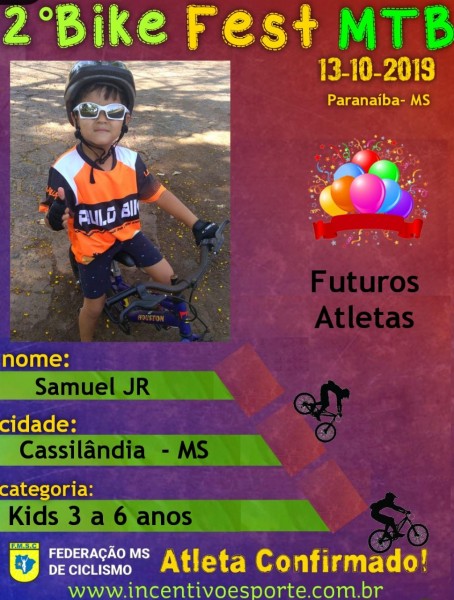 Joyce Marçal informa que o seu irmão Samuel Jr. , com 5 anos de idade, vai representar Cassilândia no próximo final de semana. Ele gosta de pedalar .
