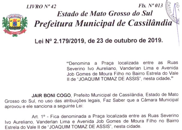 Joaquim Tomaz de Assis é homenageado com nome em praça