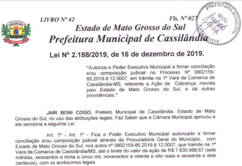 Câmara de Vereadores autoriza Prefeito fazer acordo para pagar R$ 7,5 mi