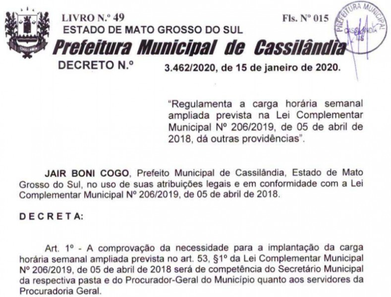 Prefeitura de Cassilândia regulamenta a Carga Horária Semanal Ampliada