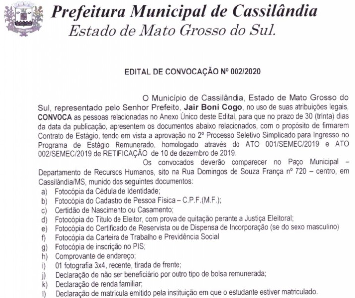 Prefeitura de Cassilândia convoca novos estagiários
