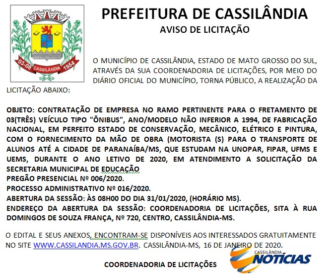 Prefeitura de Cassilândia licita ônibus para levar estudantes em Paranaíba