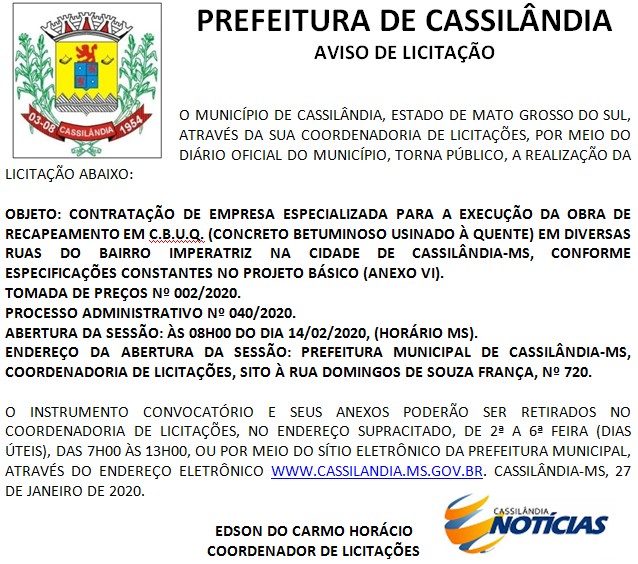 Prefeitura de Cassilândia abre licitação para recapeamento do Bairro Imperatriz
