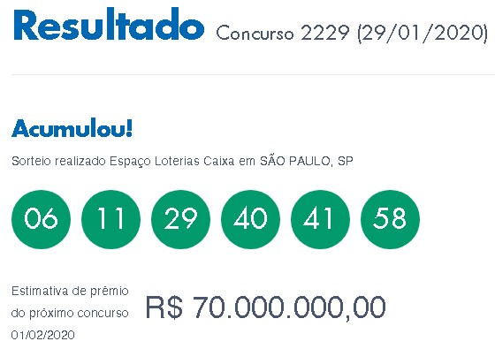 Loterias - Mega-Sena acumula em R$ 70 milhões
