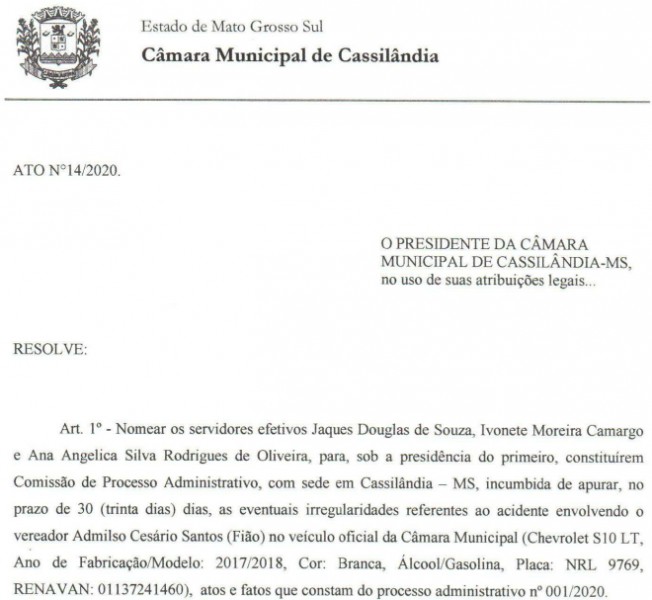 Câmara de Cassilândia nomeia Comissão para investigar acidente de vereador