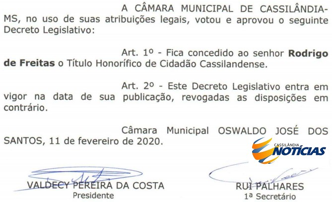 Câmara concede título de cidadão cassilandense ao Dr. Rodrigo de Freitas