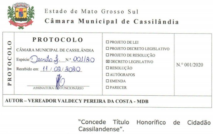 Câmara concede título de cidadão cassilandense ao Dr. Rodrigo de Freitas