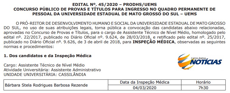 UEMS: candidata ao cargo de assistente técnico é convocada para inspeção médica
