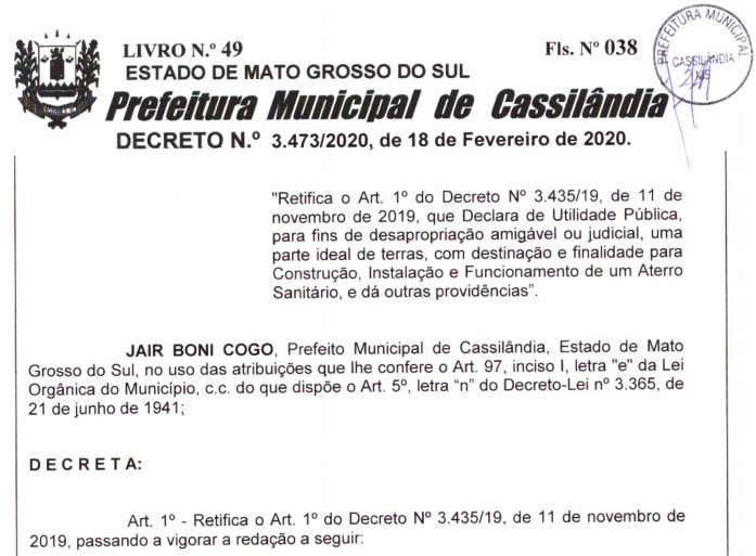 Prefeitura de Cassilândia retifica decreto de desapropriação do Aterro Sanitário