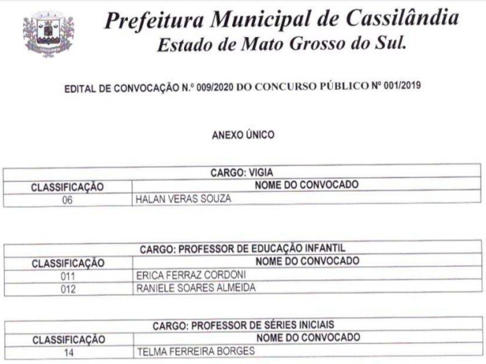 Prefeitura de Cassilândia convoca 08 novos aprovados no concurso público